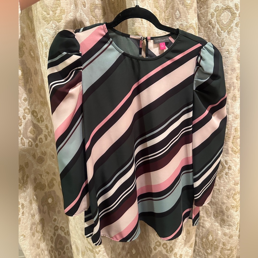 Vince Camuto Diagonal Stripe Puff-Sleeve Blouse in Black, Pink, Light Blue
